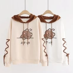 Japanese Letter Bear Print Ribbon Sleeves Hoodie