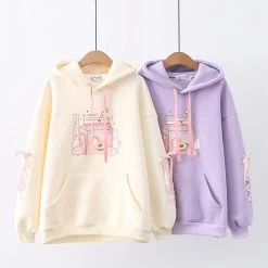 Cartoon Bunny Milk Box Print Plush Hoodie