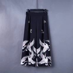 Japanese Crane Print Wide Leg Ninth Pants