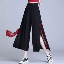 Vintage Dragon Embroidery Chiffon Wide-leg Pants
