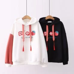 Strawberry Japanese Letter Print Plush Hoodie