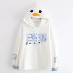 Cartoon Duck Chinese Letter Print White Hoodie