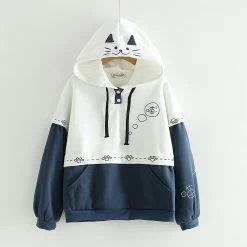 Cartoon Kitty Embroidery Hoodie With Pocket