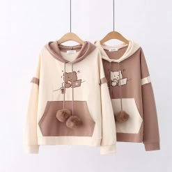 Bear Embroidery Drawstring Pocket Hoodie