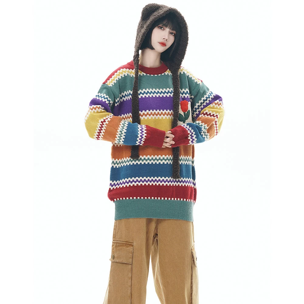 Striped Tulip Round Neck Loose Sweater Knitwear