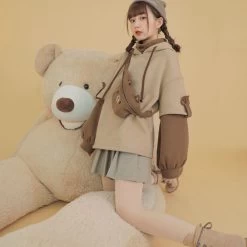 Cute Bear Fake Two-Piece Plush Hoodie