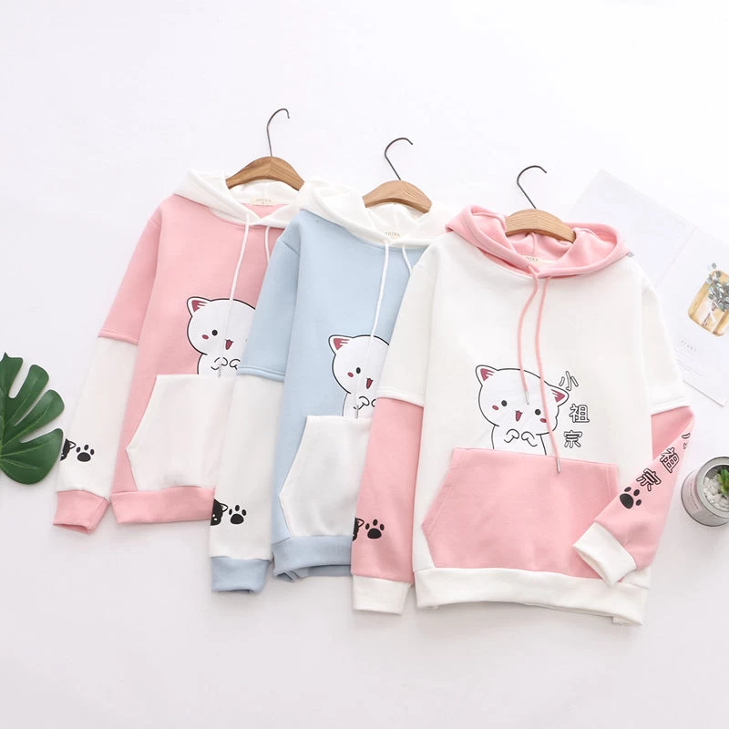 Cartoon Kitty Chinese Print Plush Hoodie With Pocket - Image 5