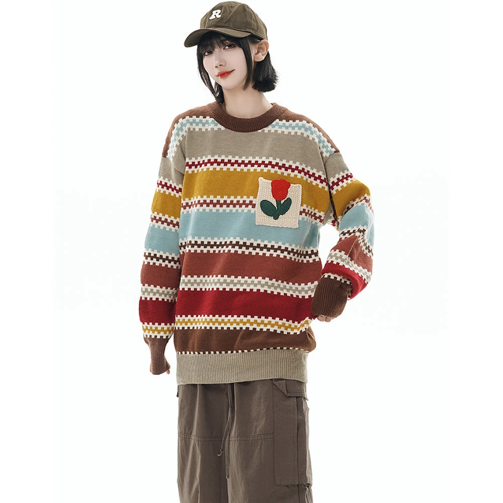 Striped Tulip Round Neck Loose Sweater Knitwear - Image 9
