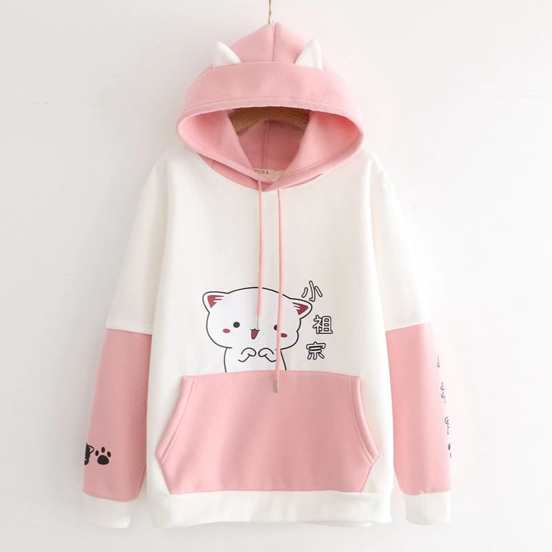 Cartoon Kitty Chinese Print Plush Hoodie With Pocket - Image 3