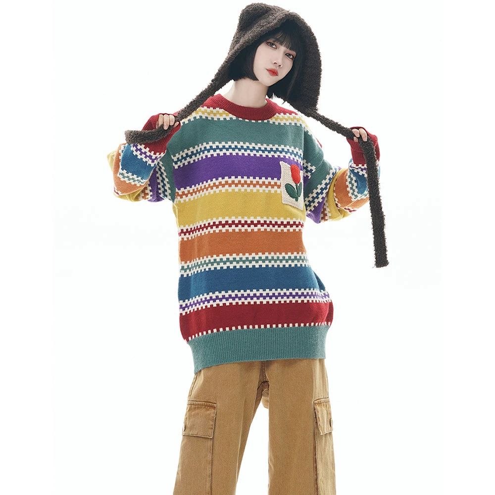 Striped Tulip Round Neck Loose Sweater Knitwear - Image 4