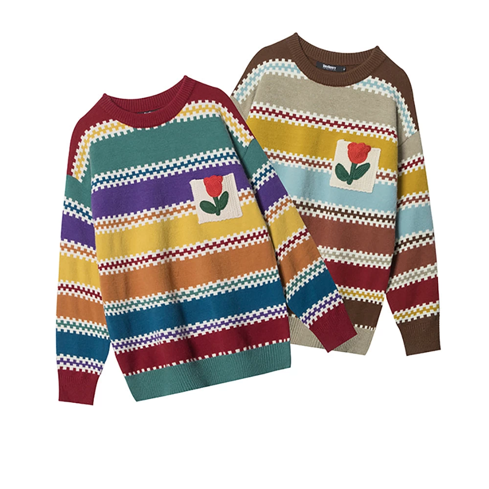 Striped Tulip Round Neck Loose Sweater Knitwear - Image 3