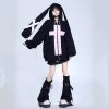 Cross Pattern Bunny With Long Ears Black Hooded Sweatshirt Jacket
