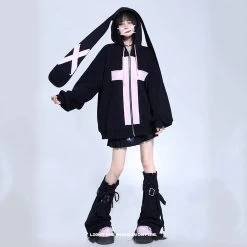 Cross Pattern Bunny With Long Ears Black Hooded Sweatshirt Jacket