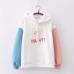 Happy Letter Bear Print Plush Hoodie