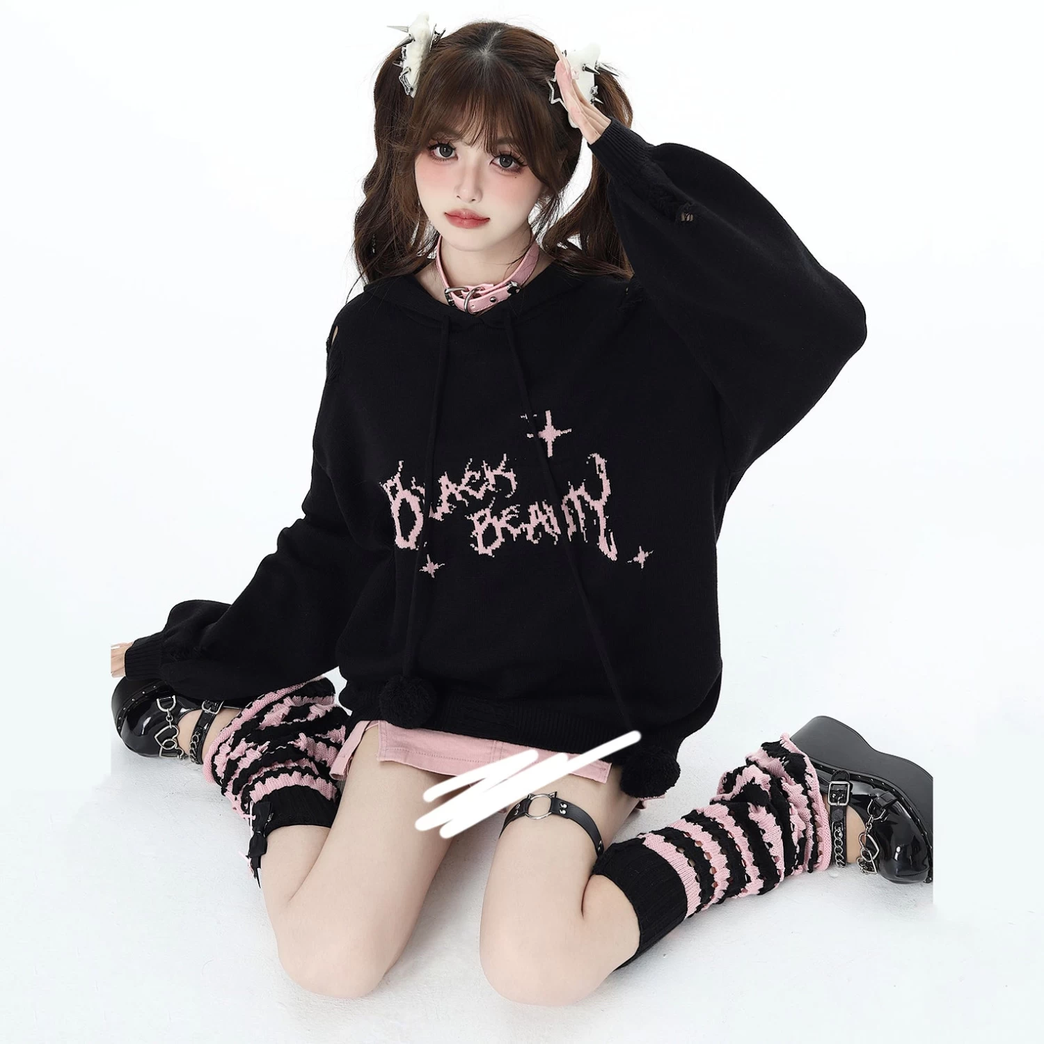 Cool Distressed Loose Lantern Sleeve Hooded Knit Sweater - Image 11