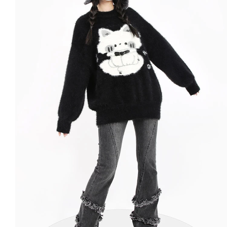 Cartoon Cat Print Black Sweater - Image 2