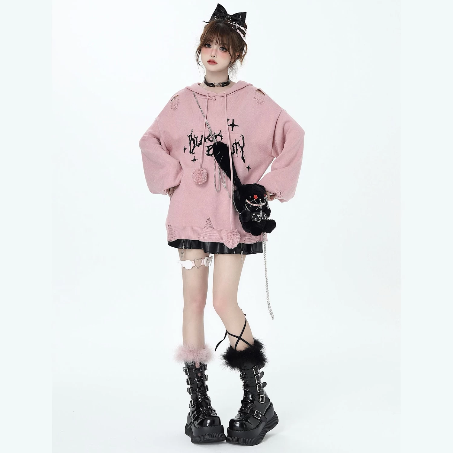 Cool Distressed Loose Lantern Sleeve Hooded Knit Sweater - Image 4