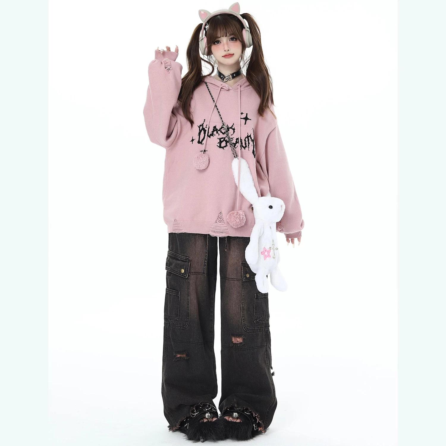 Cool Distressed Loose Lantern Sleeve Hooded Knit Sweater - Image 6