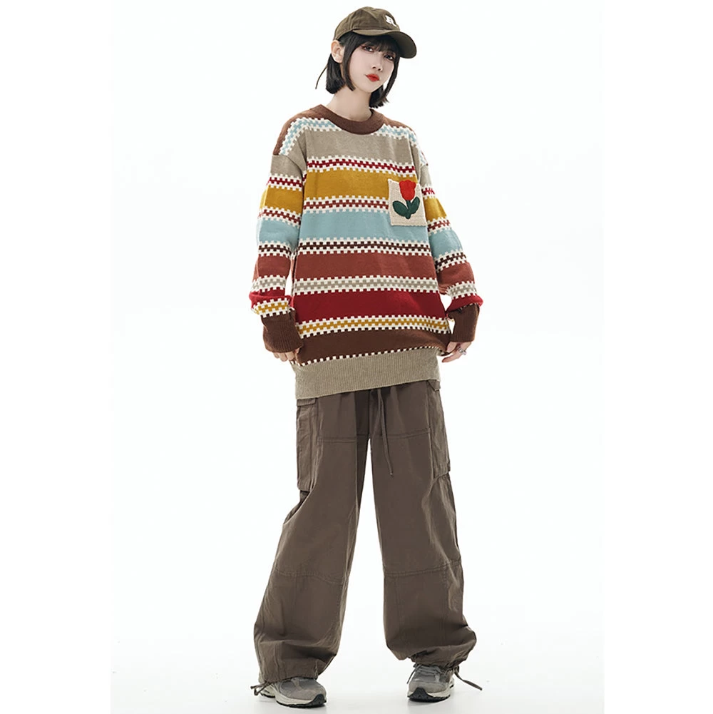 Striped Tulip Round Neck Loose Sweater Knitwear - Image 6
