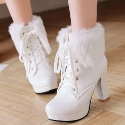 Fluffy Lace-up High Heel Boots