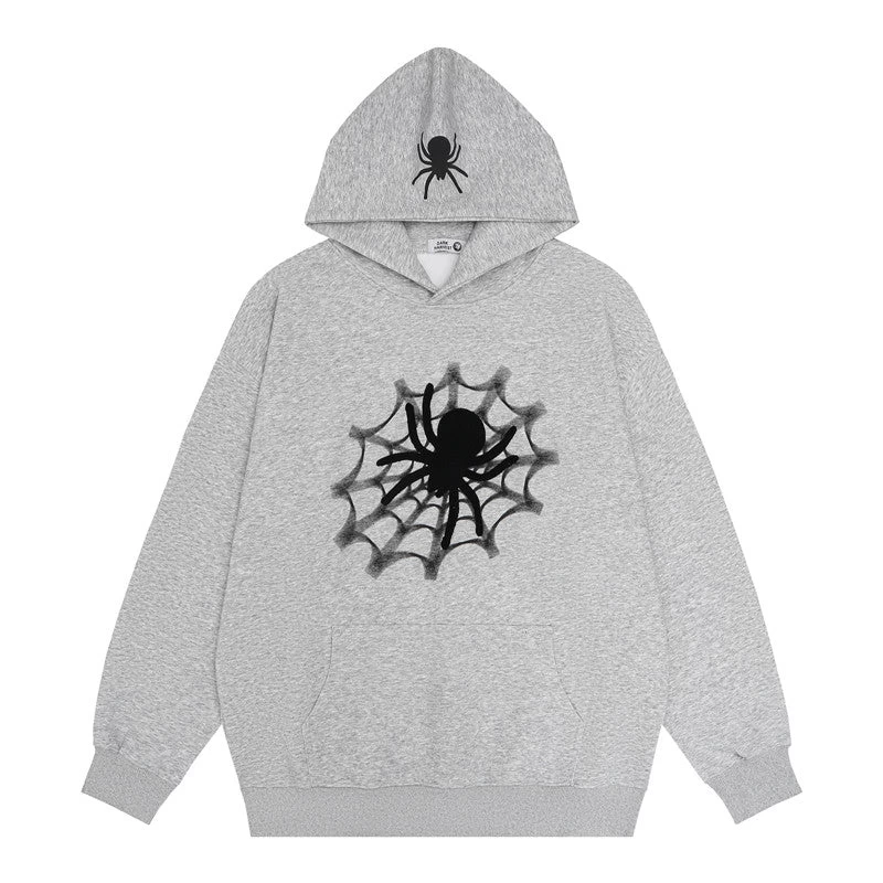 Vintage Spider Web Print Pocket Loose Hoodie - Image 11
