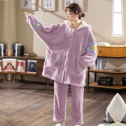 Sweet Lavender Daisy Fluffy Hooded Night Pajama Set