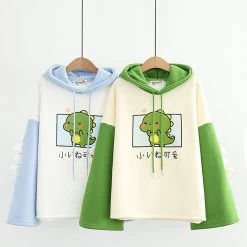 Dinosaur Japanese Letter Print Warm Hoodie