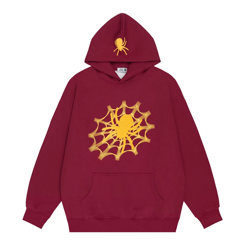 Vintage Spider Web Print Pocket Loose Hoodie - Image 12