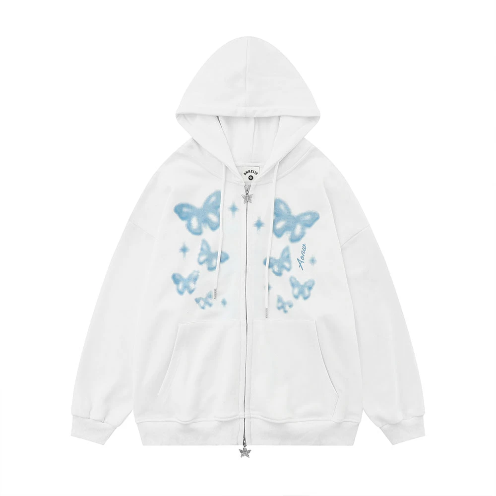 Butterfly Print Zipper Hooded Sweatshirt - Image 2