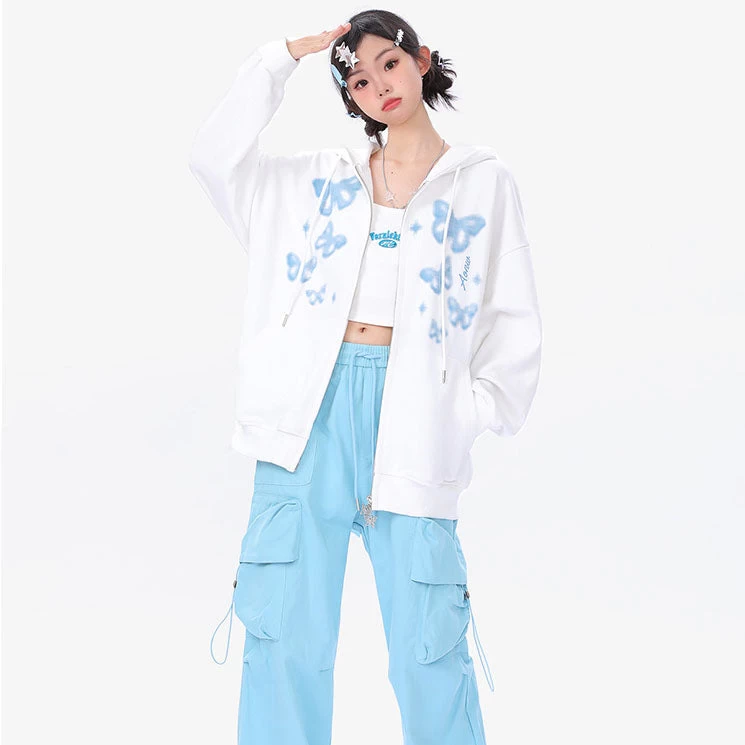 Butterfly Print Zipper Hooded Sweatshirt - Image 3