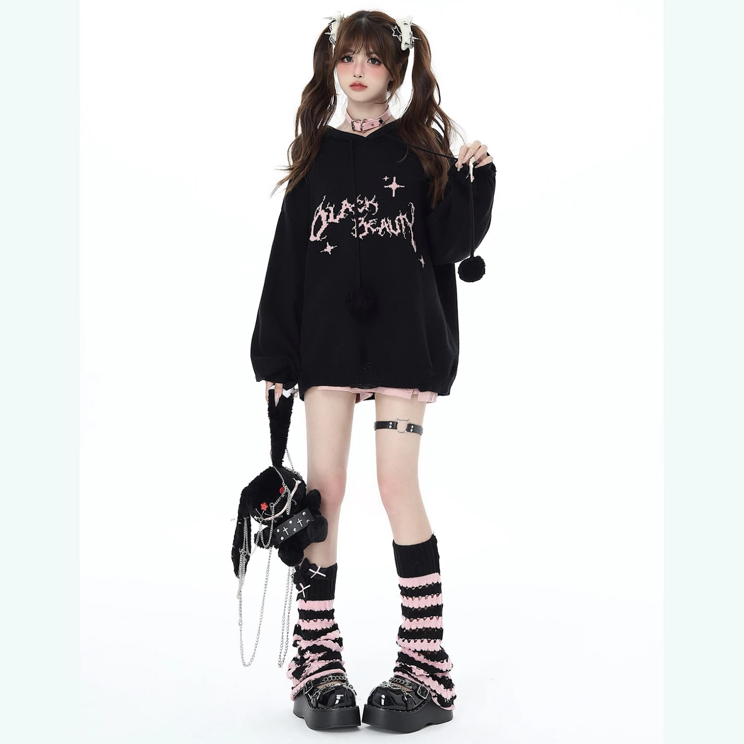 Cool Distressed Loose Lantern Sleeve Hooded Knit Sweater - Image 3