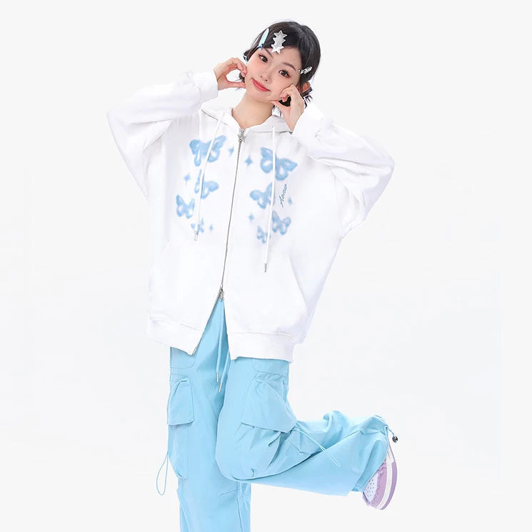 Butterfly Print Zipper Hooded Sweatshirt - Image 4