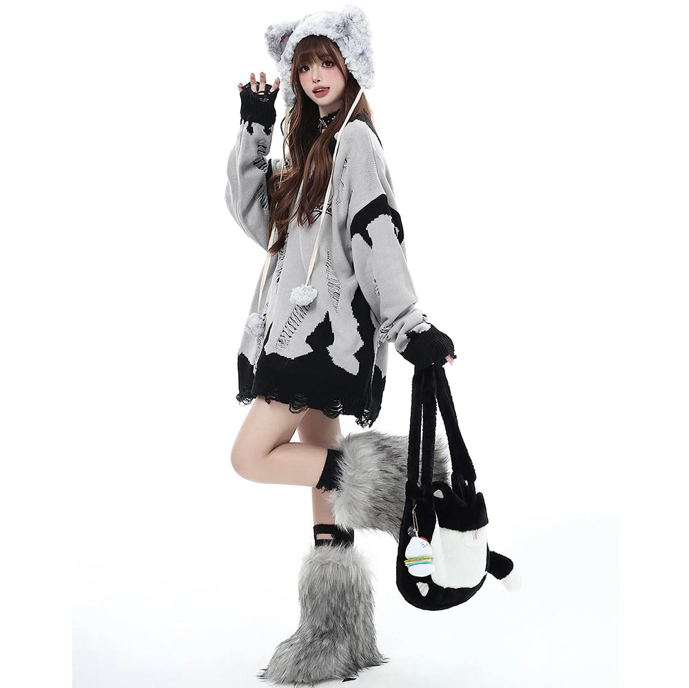 Black And Pink Street Style Hollow Out Distressed Color Block Sweater - Image 10