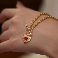 Vintage Silver Pearl Red Agate Heart Necklace