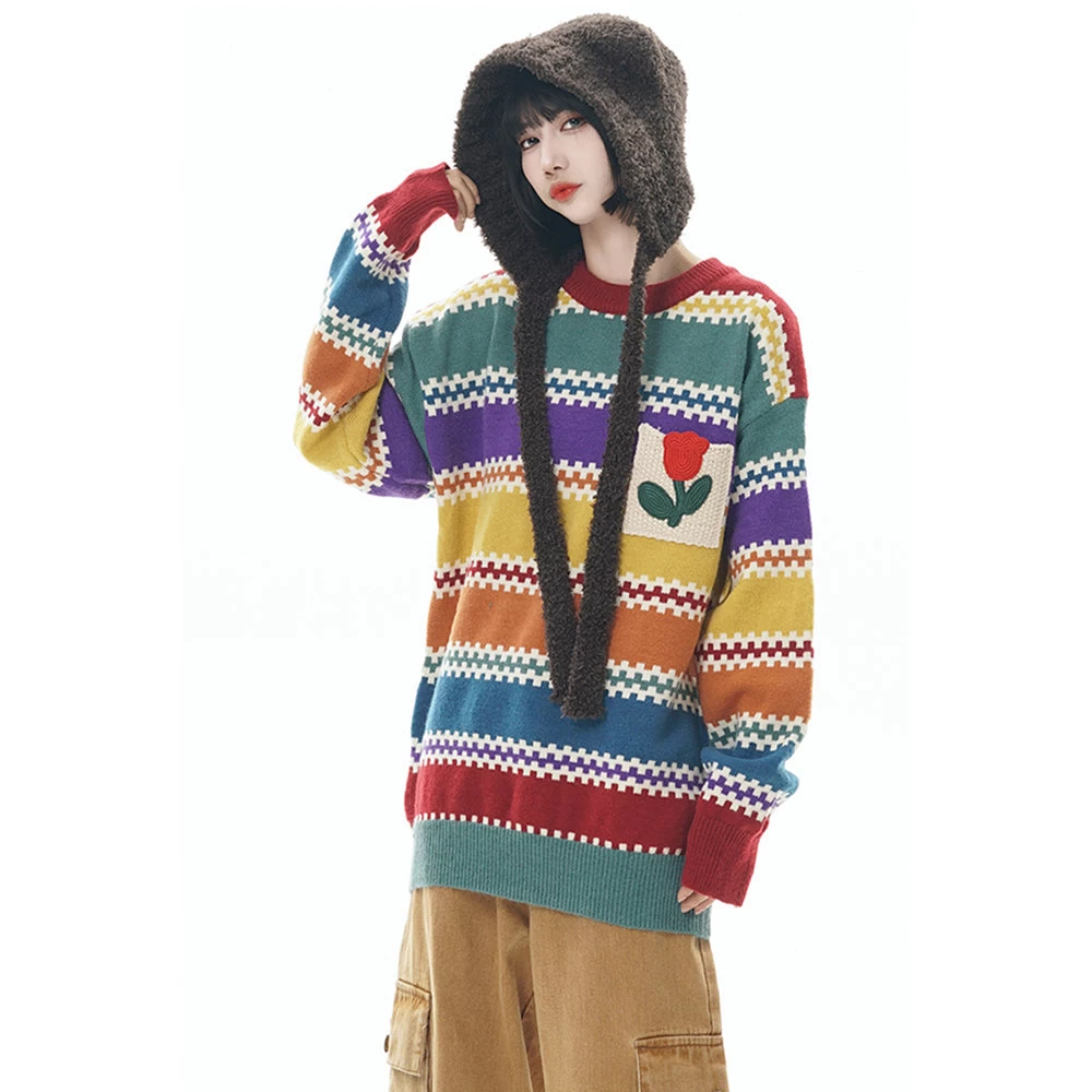 Striped Tulip Round Neck Loose Sweater Knitwear - Image 5