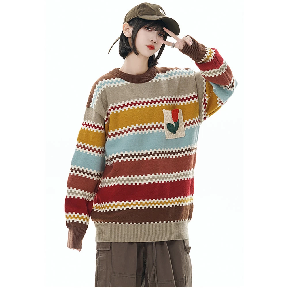 Striped Tulip Round Neck Loose Sweater Knitwear - Image 8