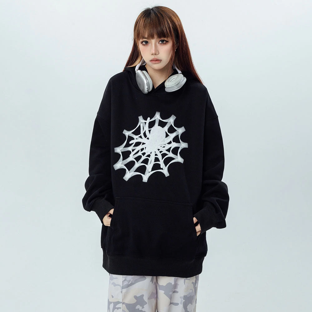 Vintage Spider Web Print Pocket Loose Hoodie - Image 2