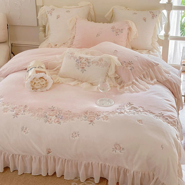 Princess-style Milk Velvet Duvet Cover Set With Lace Trim