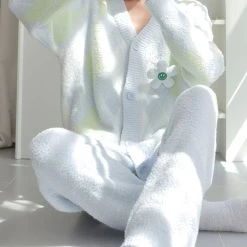 Diamond Pattern Floral Decoration V-neck Button-up Pajama Set