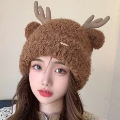 Cute Cartoon Bear Ears Deer Antler Knit Plush Hat