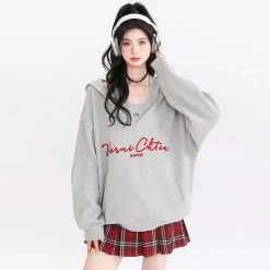 Letters Embroidery Pocket Loose Hooded Sweatshirt