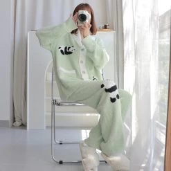 Panda Pattern Pocket Button-up Lapel Winter Pajama Set