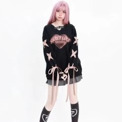 Heart Print Loose Fit Hoodie With V-Neck