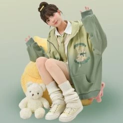 Green Tie-dye Gradient Fleece Hat Coat With Bear Embroidery