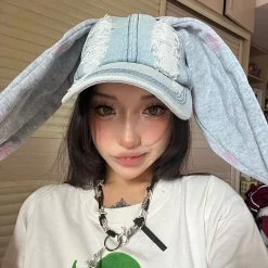 Distressed Long Bunny Ears Denim Duckbill Cap