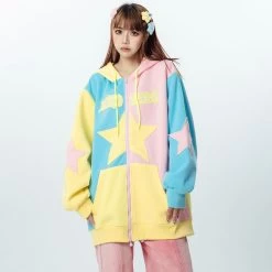Stars Print ColorBlock Zipper Hooded Sweatshirt