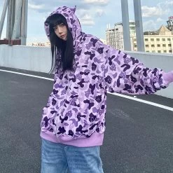 Camouflage Print Pocket Zipper Loose Hooded Sweatshirt