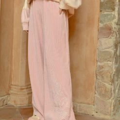 Bear Embroidered Pink Elastic Waist Straight-Leg Pants