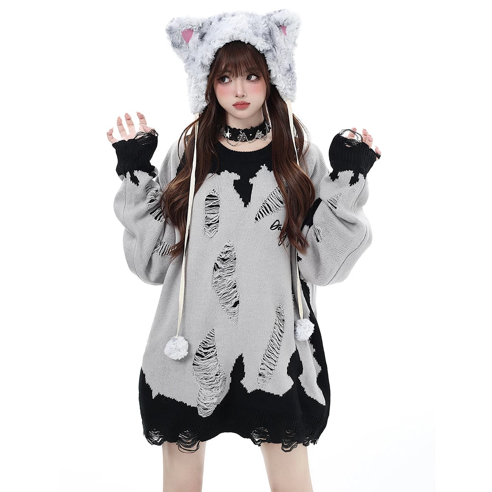 Black And Pink Street Style Hollow Out Distressed Color Block Sweater - Image 4