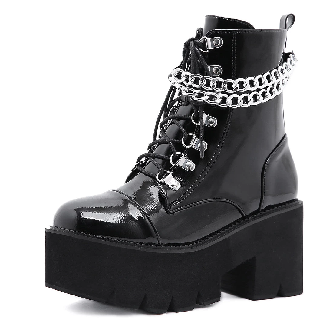 Gothic Patent Leather Wrap Around Chains Platform Boots - Image 6
